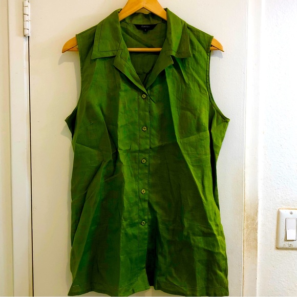 ISHYU Tops - ISHYU 100% Linen Button-Up Sleeveless Tunic Top. Slit Hemline. Green. Size Large